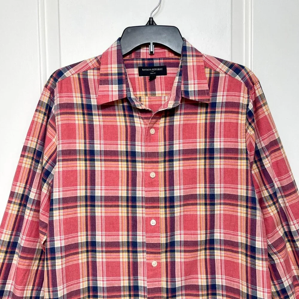 Banana Republic Slim Fit‎ Red Plaid Long-Sleeve Button-Up Shirt 100% Cotton Size